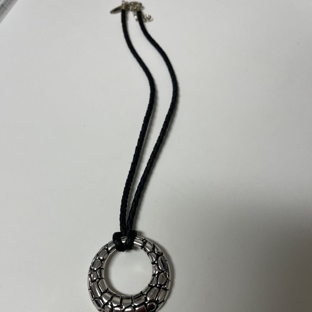 Avenue Black Corded Necklace With Silver Tone Circle Pendant.